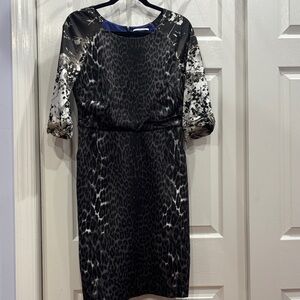 T Tahari Black and Gray Animal Print Long Sleeve Dress